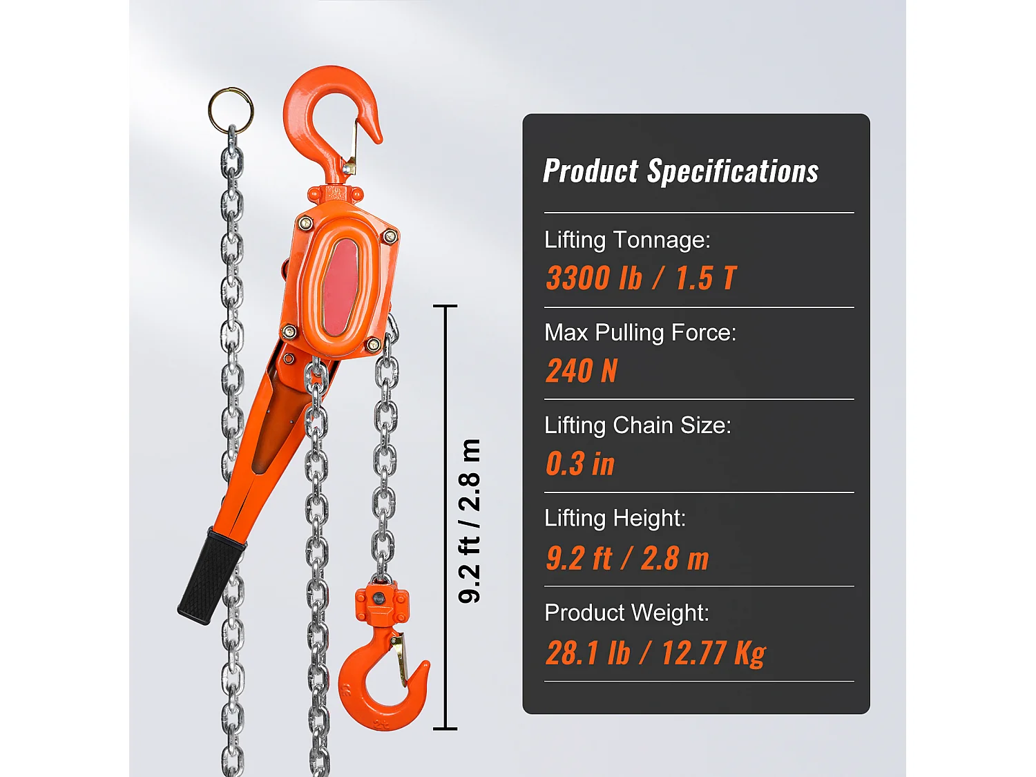 Argano, SucceBuy Paranco a Catena con Lever G80, Capacità 1,5 Tn, Paranco a Cricchetto da 2,8 m