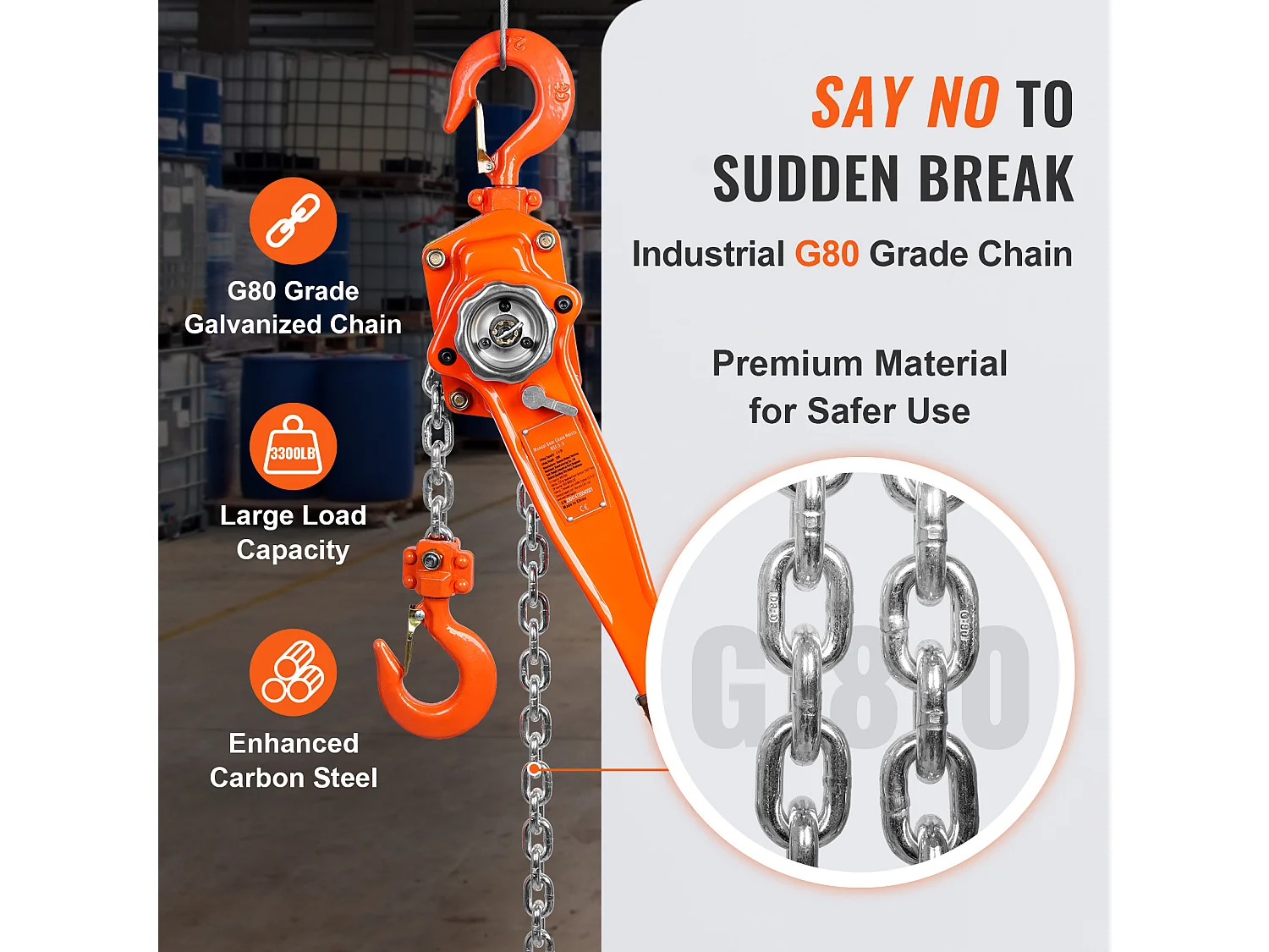 Argano, SucceBuy Paranco a Catena con Lever G80, Capacità 1,5 Tn, Paranco a Cricchetto da 2,8 m