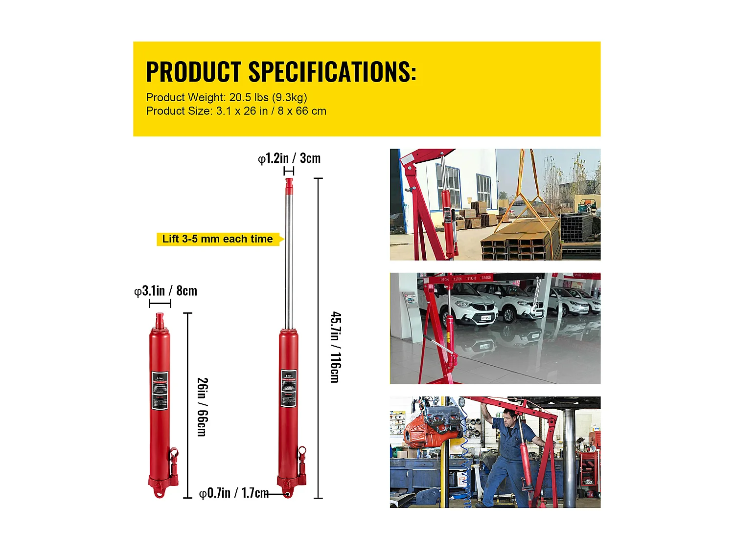 Verin Hydraulique SucceBuy Cric Hydraulique à Bélier de 3 Tonnes de Long, Pompe Simple Manuelle, Élévateur de Moteur, Cueilleur de Cerises