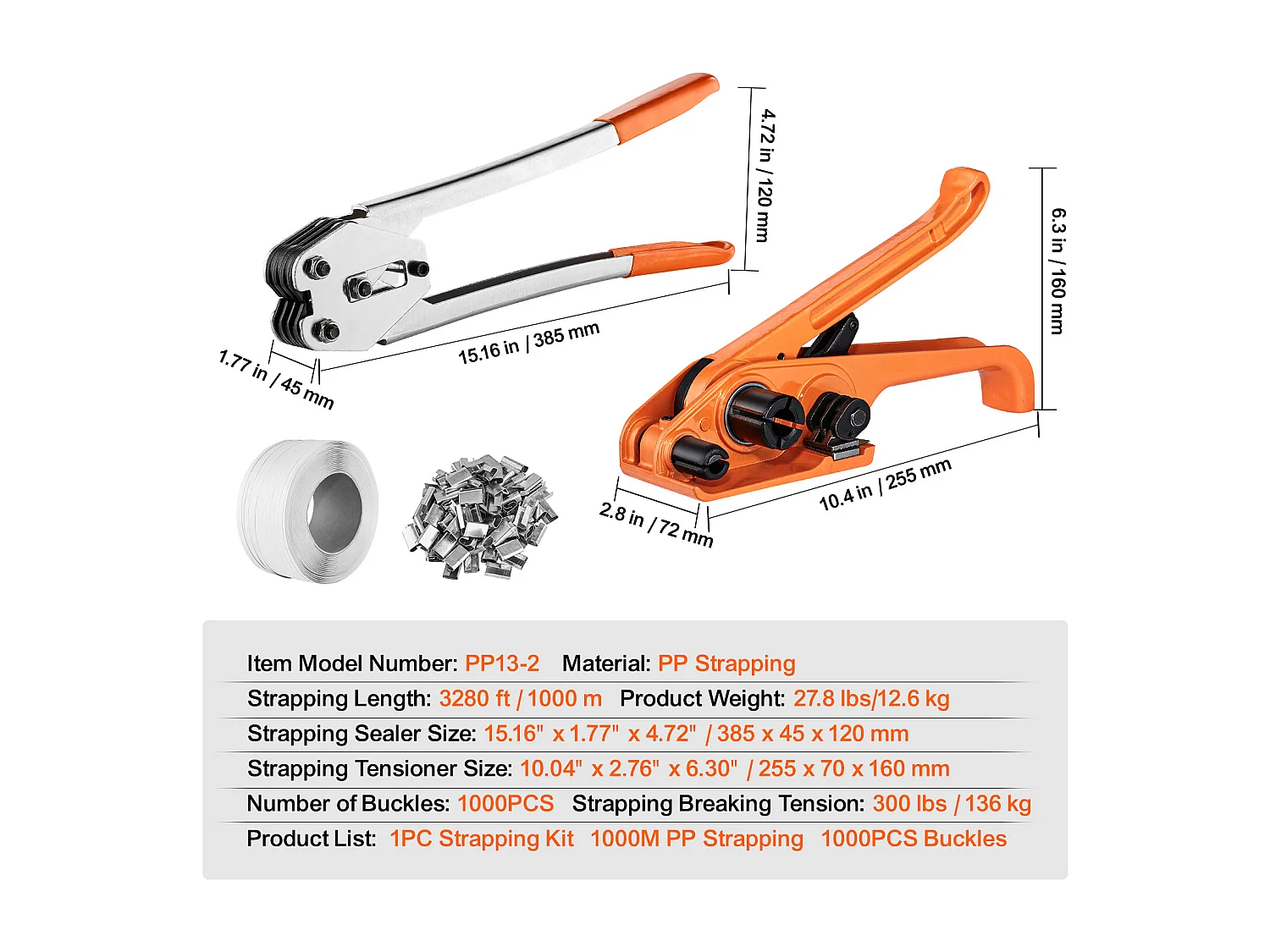 Umreifungsset SucceBuy für Verpackung mit Spanner und Versiegeler, PP-Gurt 1000 m, Umreifungsversiegelungswerkzeug, 1000 metallverbinder