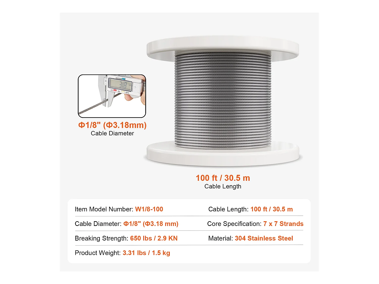 Roestvrijstalen Kabel T304 SucceBuy, Staalkabel 3,18 mm 7x7, Lengte 30,5 m, Leuningkabel