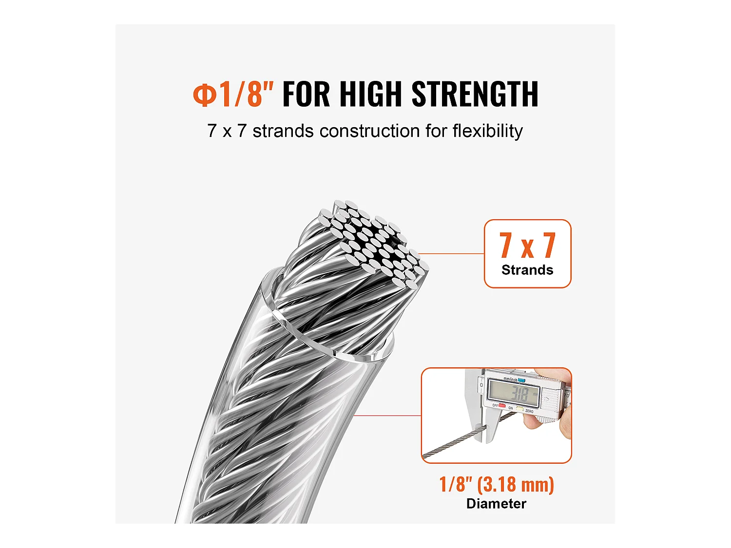 Roestvrijstalen Kabel T304 SucceBuy, Staalkabel 3,18 mm 7x7, Lengte 30,5 m, Leuningkabel