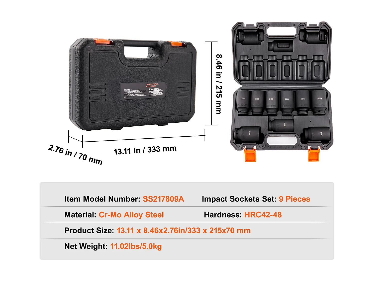 Jeu de Douilles à Choc SucceBuy Jeu de Douilles à Choc 9 Pièces 6 Pans Entraînement 1.27 cm Kit d'Outils à Cliquet