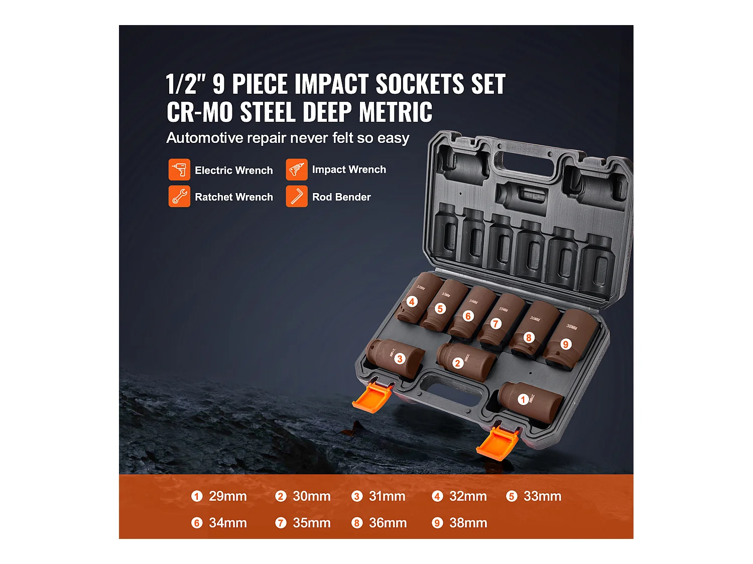 Jeu de Douilles à Choc SucceBuy Jeu de Douilles à Choc 9 Pièces 6 Pans Entraînement 1.27 cm Kit d'Outils à Cliquet
