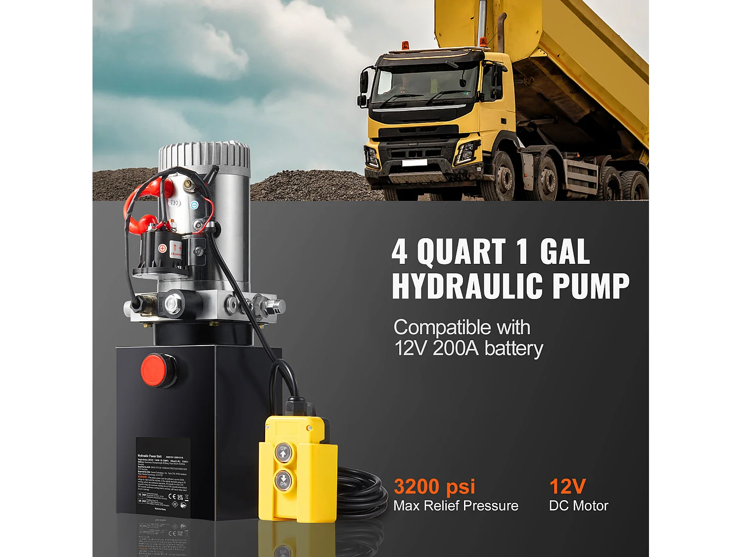 Pompe Hydraulique SucceBuy Pompe Hydraulique de 4.4 Litres, Unité d'Alimentation pour Remorque à Benne Basculante à Simple Effet, DC 12 Volts