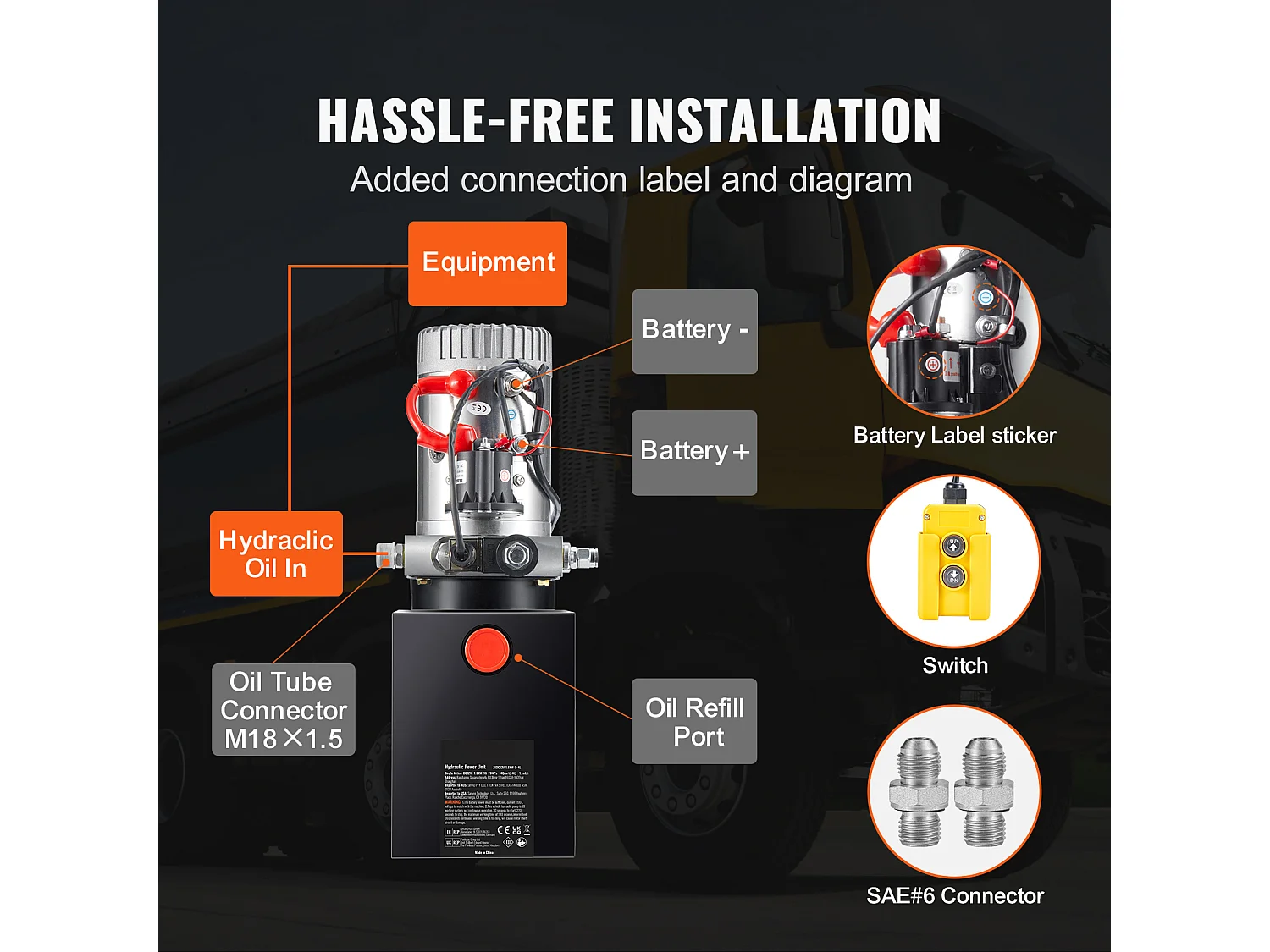Pompe Hydraulique SucceBuy Pompe Hydraulique de 4.4 Litres, Unité d'Alimentation pour Remorque à Benne Basculante à Simple Effet, DC 12 Volts