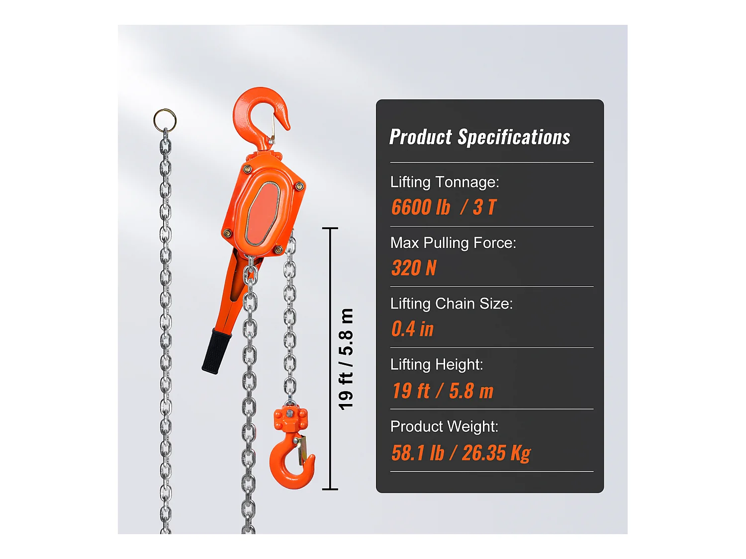 Treuil, SucceBuy Palan à Chaîne à Levier de 5,8 m, Capacité de 3 Tonnes, Levier à Cliquet G80