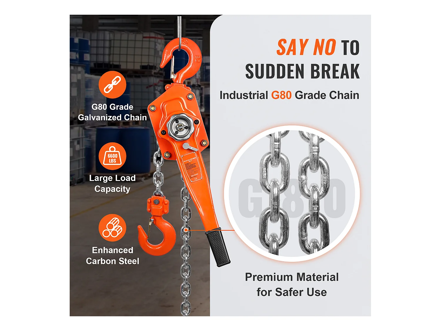 Treuil, SucceBuy Palan à Chaîne à Levier de 5,8 m, Capacité de 3 Tonnes, Levier à Cliquet G80