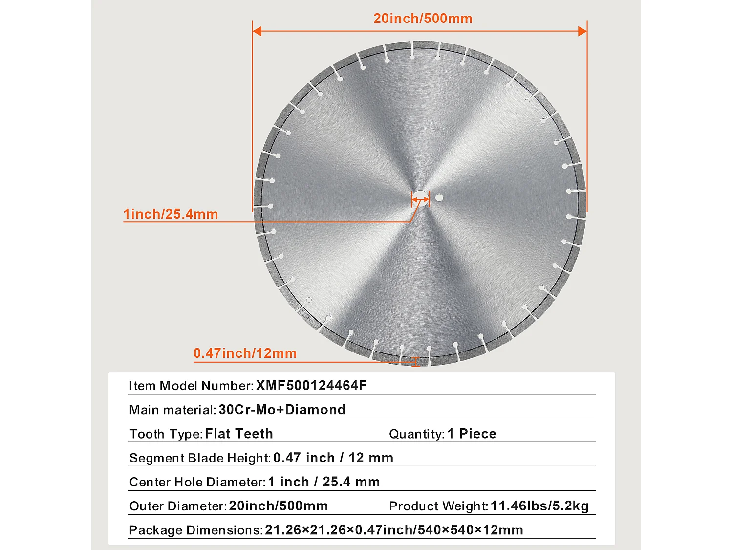 Diamantblad SucceBuy, Diamant-Snijblad, 50.8 cm, Diamantblad voor Betonzaag met Platte Tanden