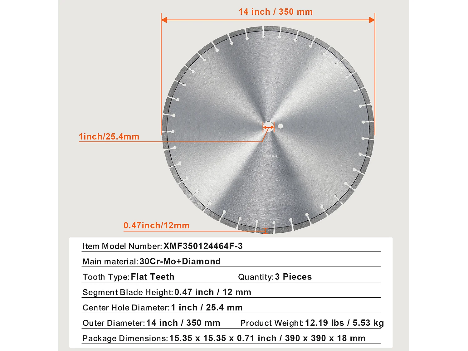 Lama Diamantata SucceBuy di 36 cm, per Seghetta Cemento Uomo/Seco 1.2 cm Denti Piani