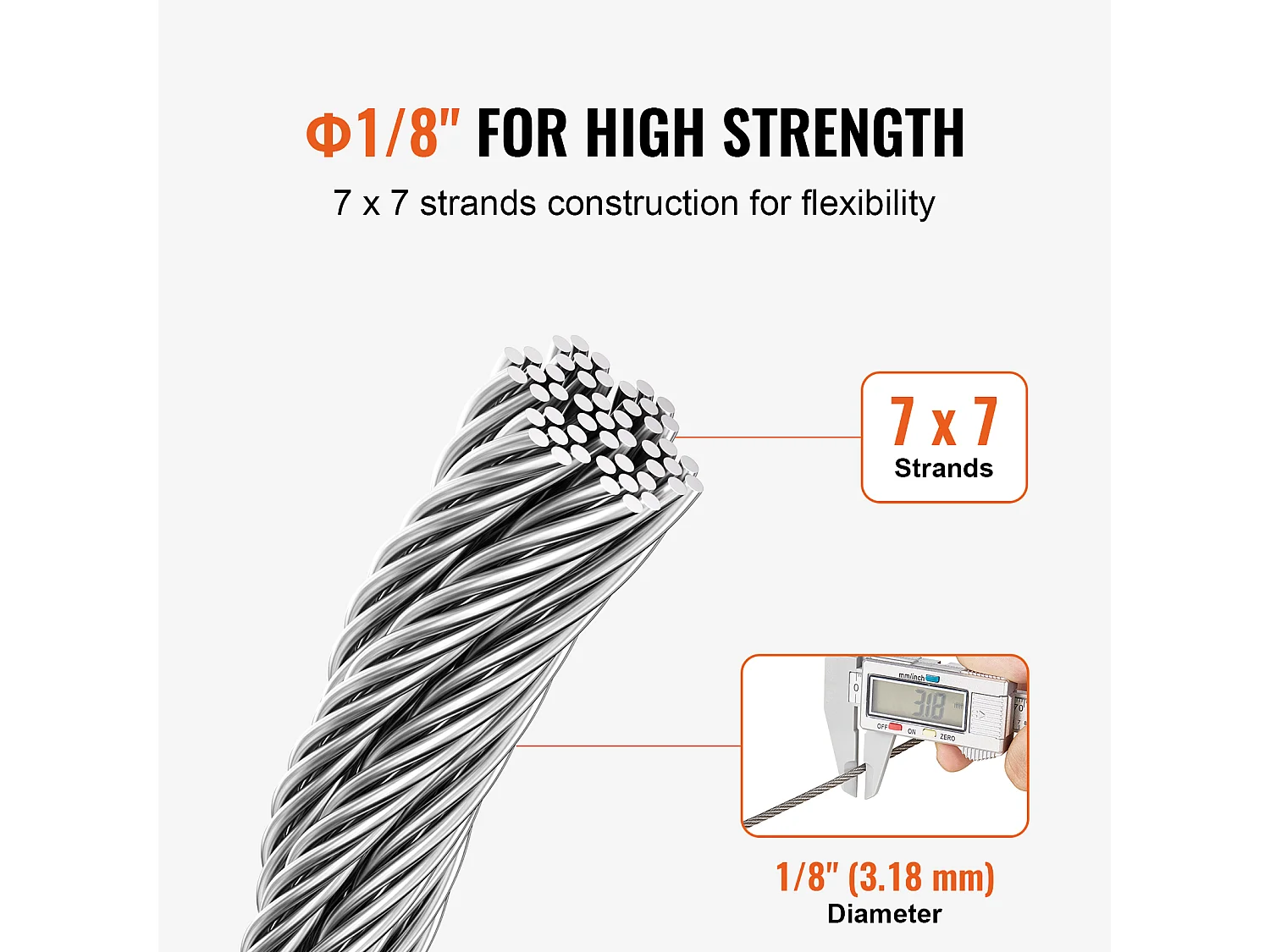 Roestvrijstalen Kabel T316 SucceBuy, Diameter 3,18 mm, Lengte 305 m, 7x7, Leuningkabel