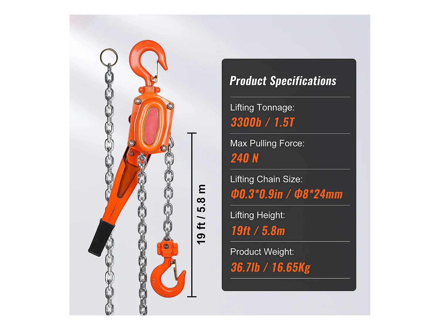 Treuil, SucceBuy Palan à Chaîne à Levier, Capacité de 1,5 Tonne, Élèvateur à Cliquet G80 de 5,8 m