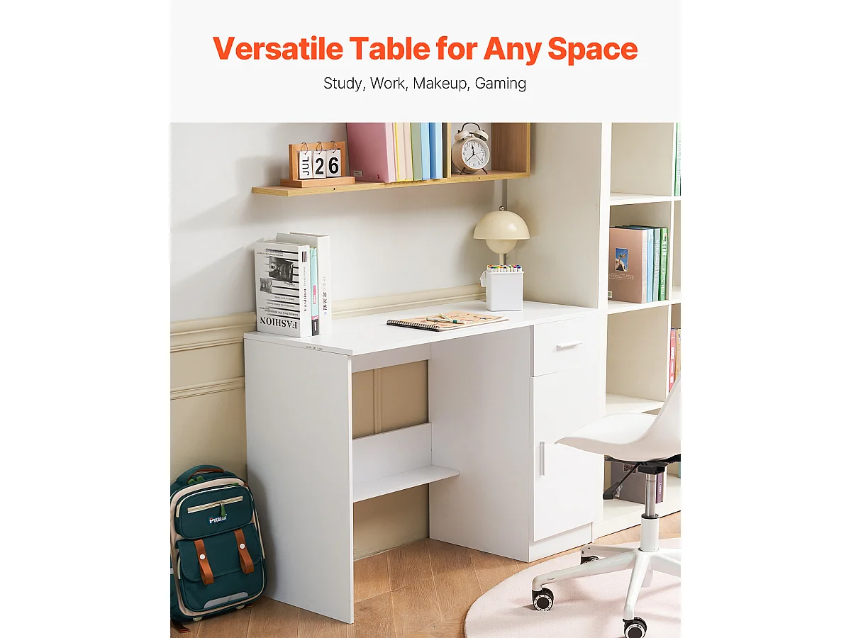 Kleiner Computertisch SucceBuy, 105 cm mit Schublade, für Schlafzimmer, Weiß, zum Aufbewahren von Büchern, Dokumenten und Büromaterial
