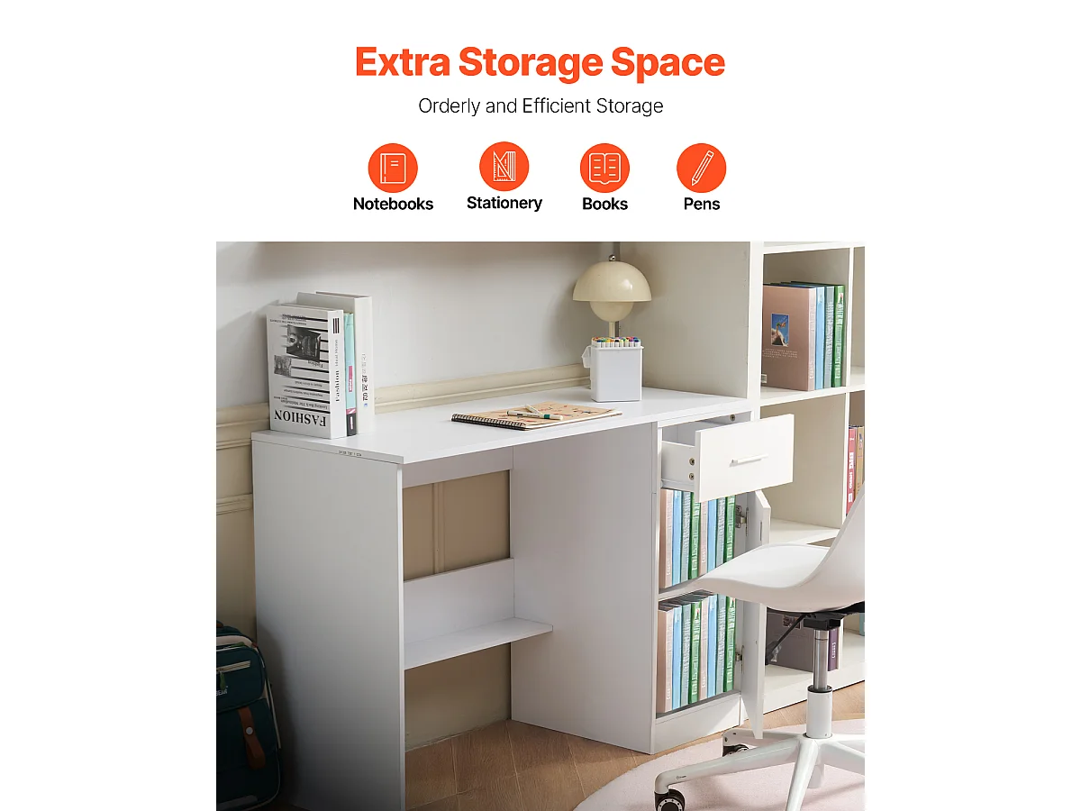 Kleiner Computertisch SucceBuy, 105 cm mit Schublade, für Schlafzimmer, Weiß, zum Aufbewahren von Büchern, Dokumenten und Büromaterial