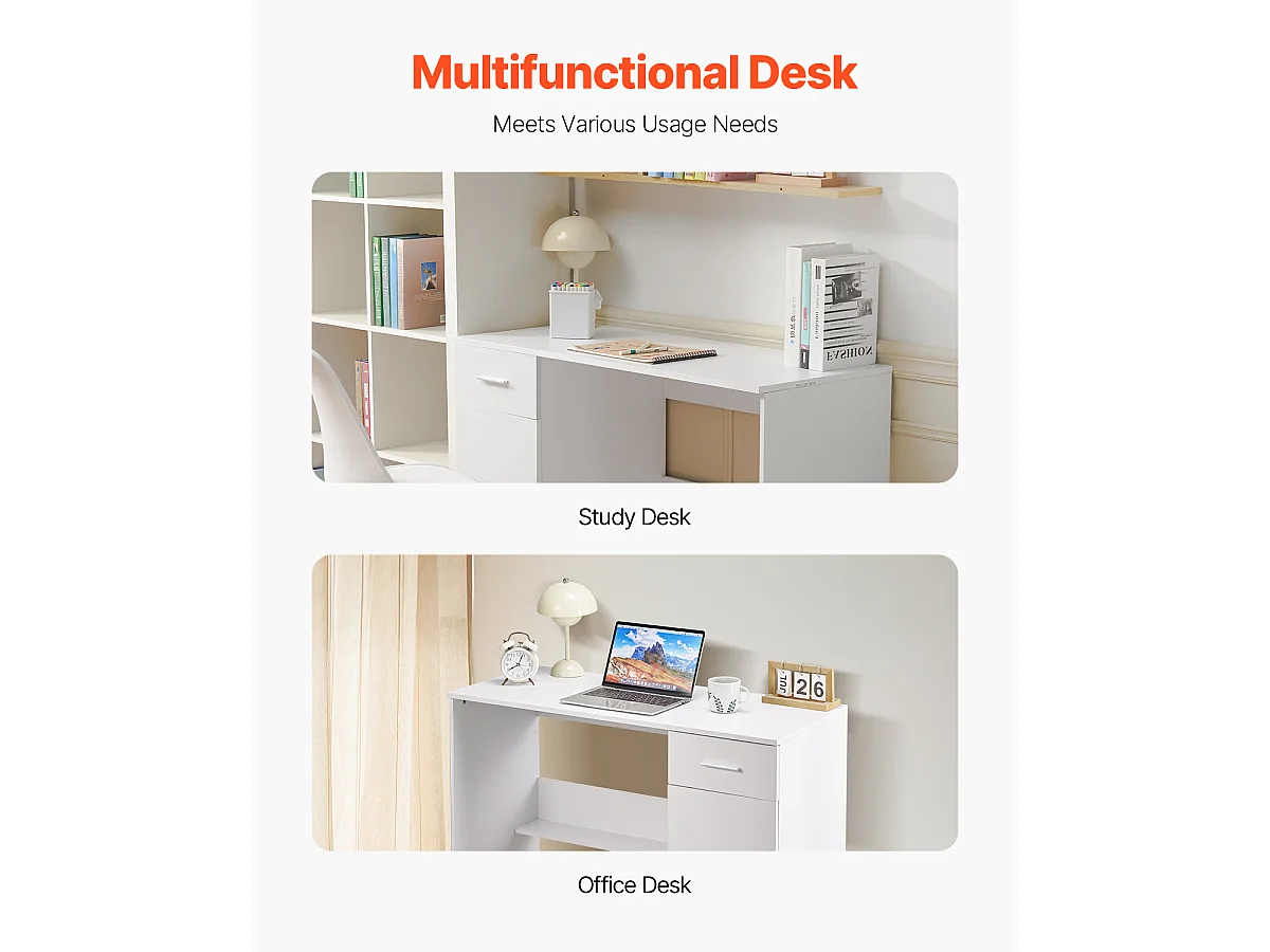 Kleiner Computertisch SucceBuy, 105 cm mit Schublade, für Schlafzimmer, Weiß, zum Aufbewahren von Büchern, Dokumenten und Büromaterial