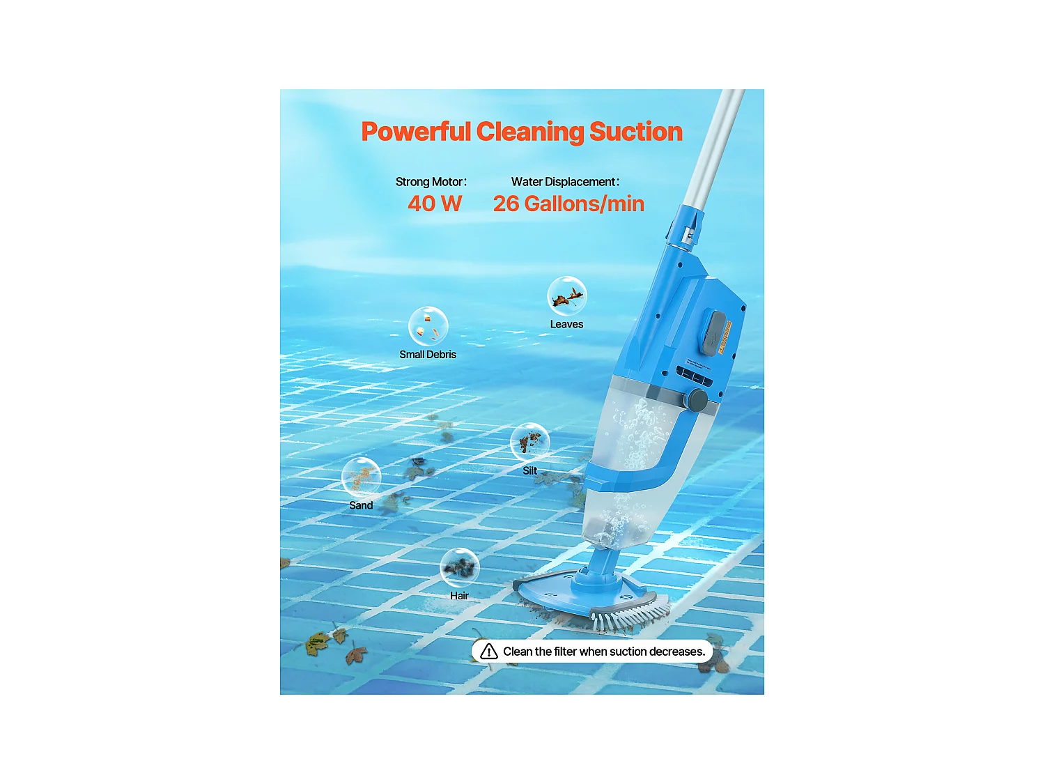 Aspirateur de Piscine Rechargeable SucceBuy 100 L/min 1 h d'Autonomie avec Rallonge