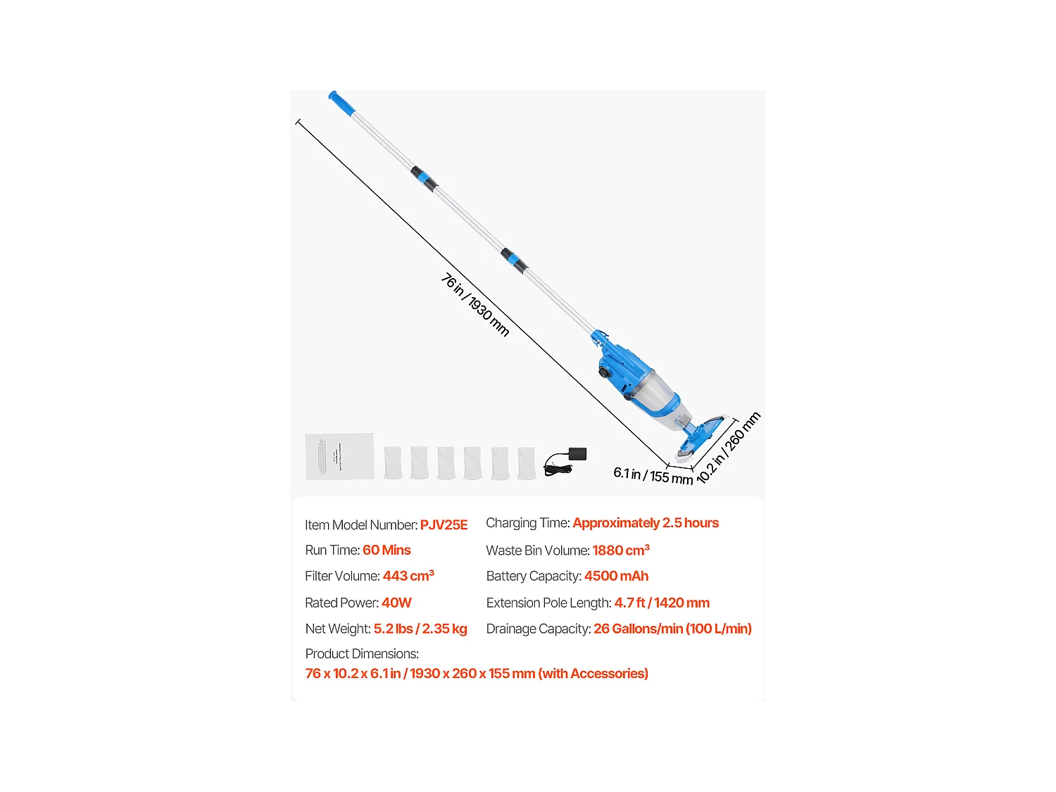 Aspiradora para Piscina Recargable SucceBuy 100 L/min 1 h de Autonomía con Extensión