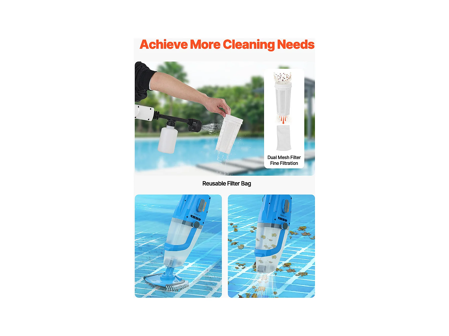 Aspiradora para Piscina Recargable SucceBuy 100 L/min 1 h de Autonomía con Extensión