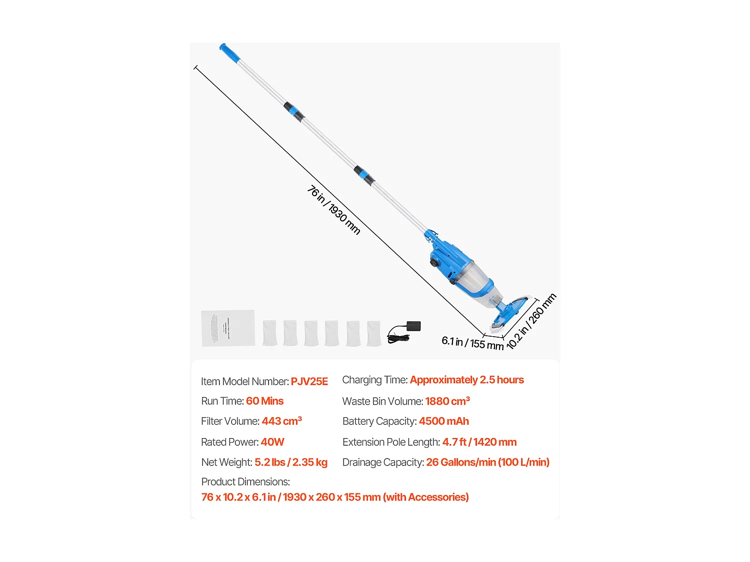 Aspirateur de Piscine Rechargeable SucceBuy 100 L/min 1 h d'Autonomie avec Rallonge