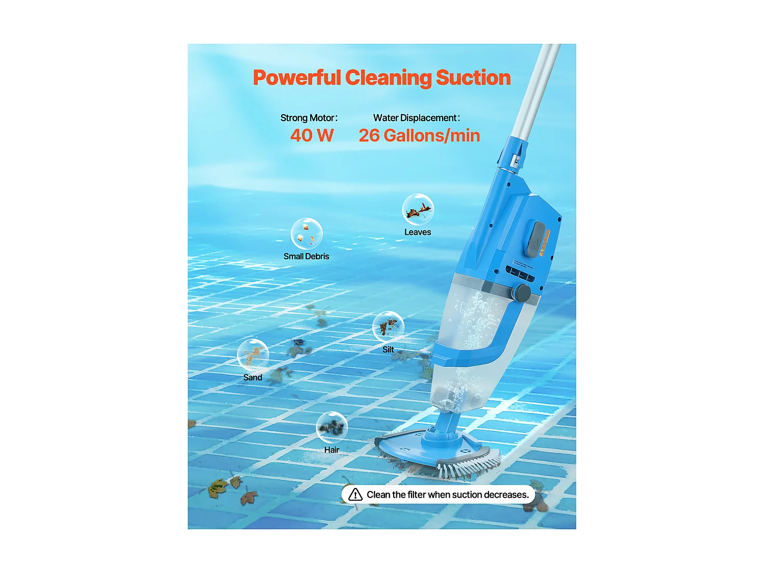 Aspirateur de Piscine Rechargeable SucceBuy 100 L/min 1 h d'Autonomie avec Rallonge