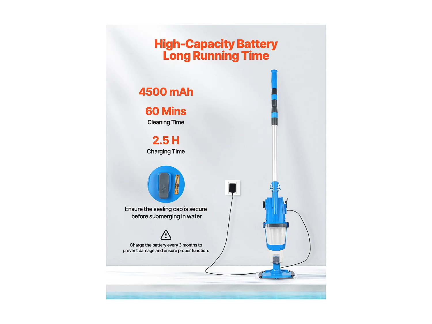 Aspirateur de Piscine Rechargeable SucceBuy 100 L/min 1 h d'Autonomie avec Rallonge