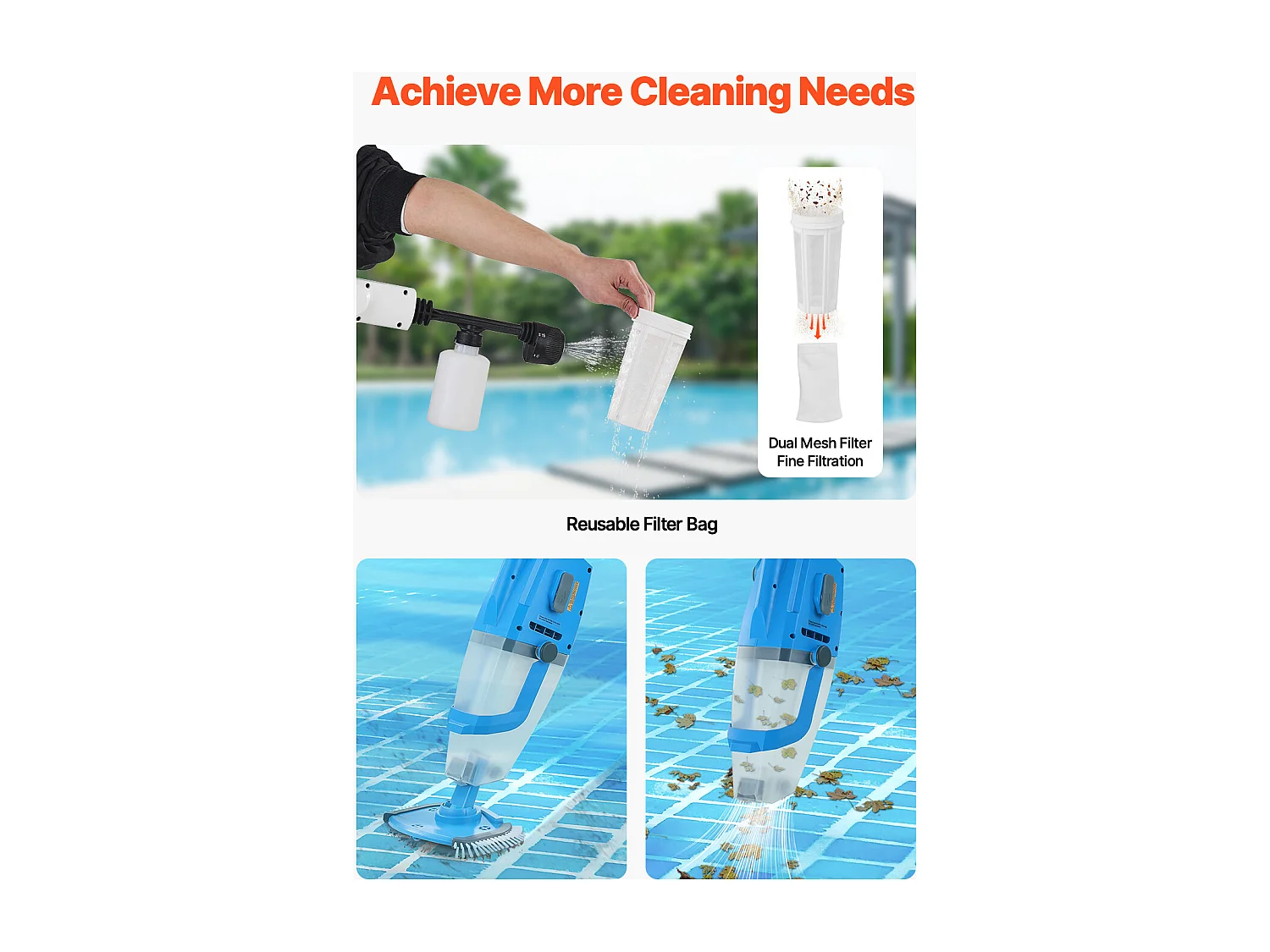 Aspirateur de Piscine Rechargeable SucceBuy 100 L/min 1 h d'Autonomie avec Rallonge