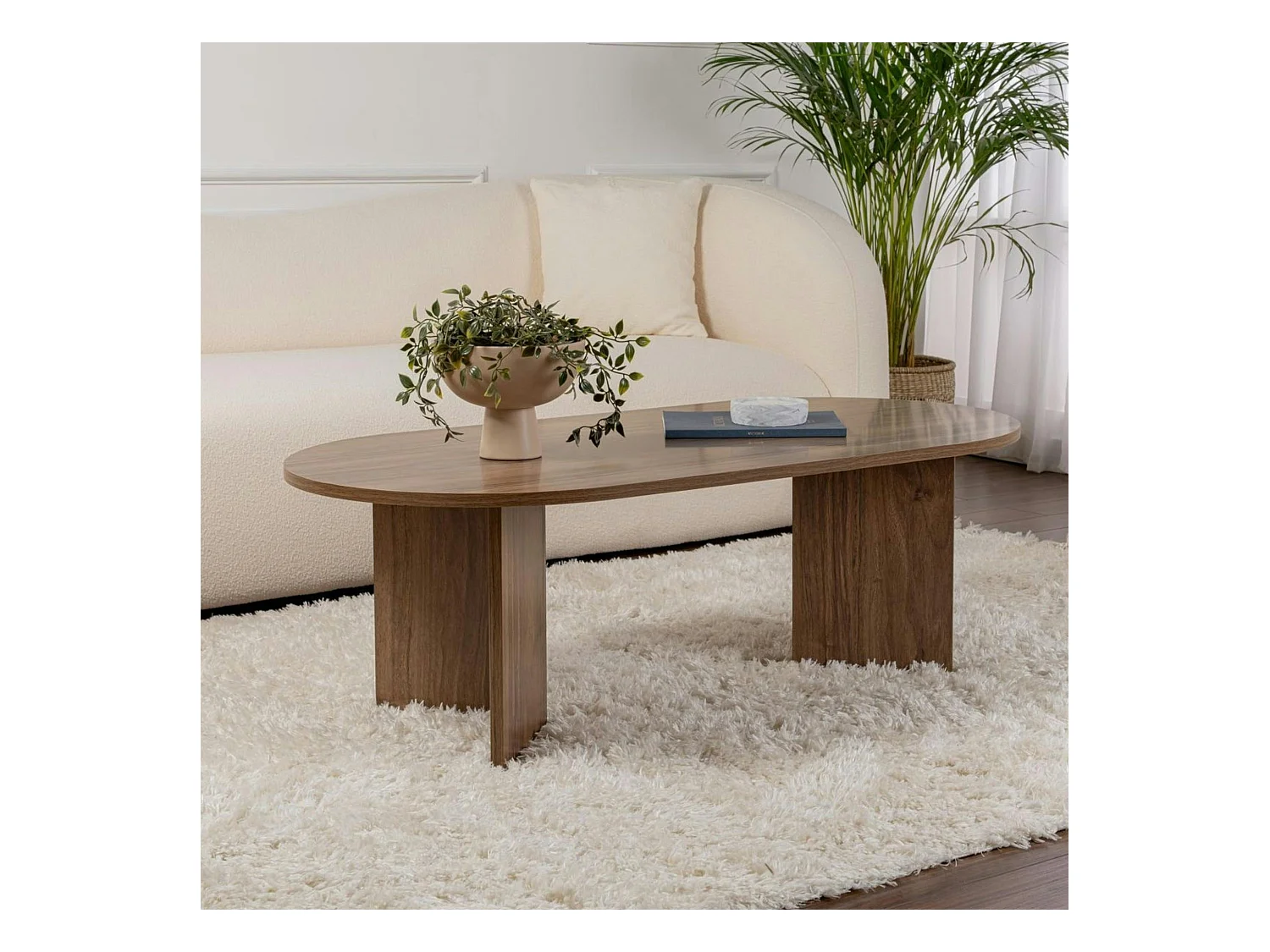 Table basse ovale effet bois de noyer - pieds en V MARFA