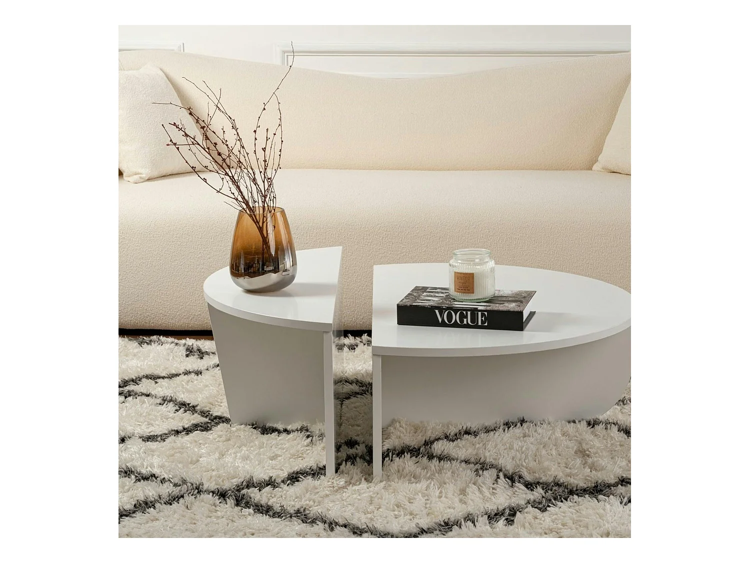 Table basse moderne blanche effet laque - 2 hauteurs MARFA
