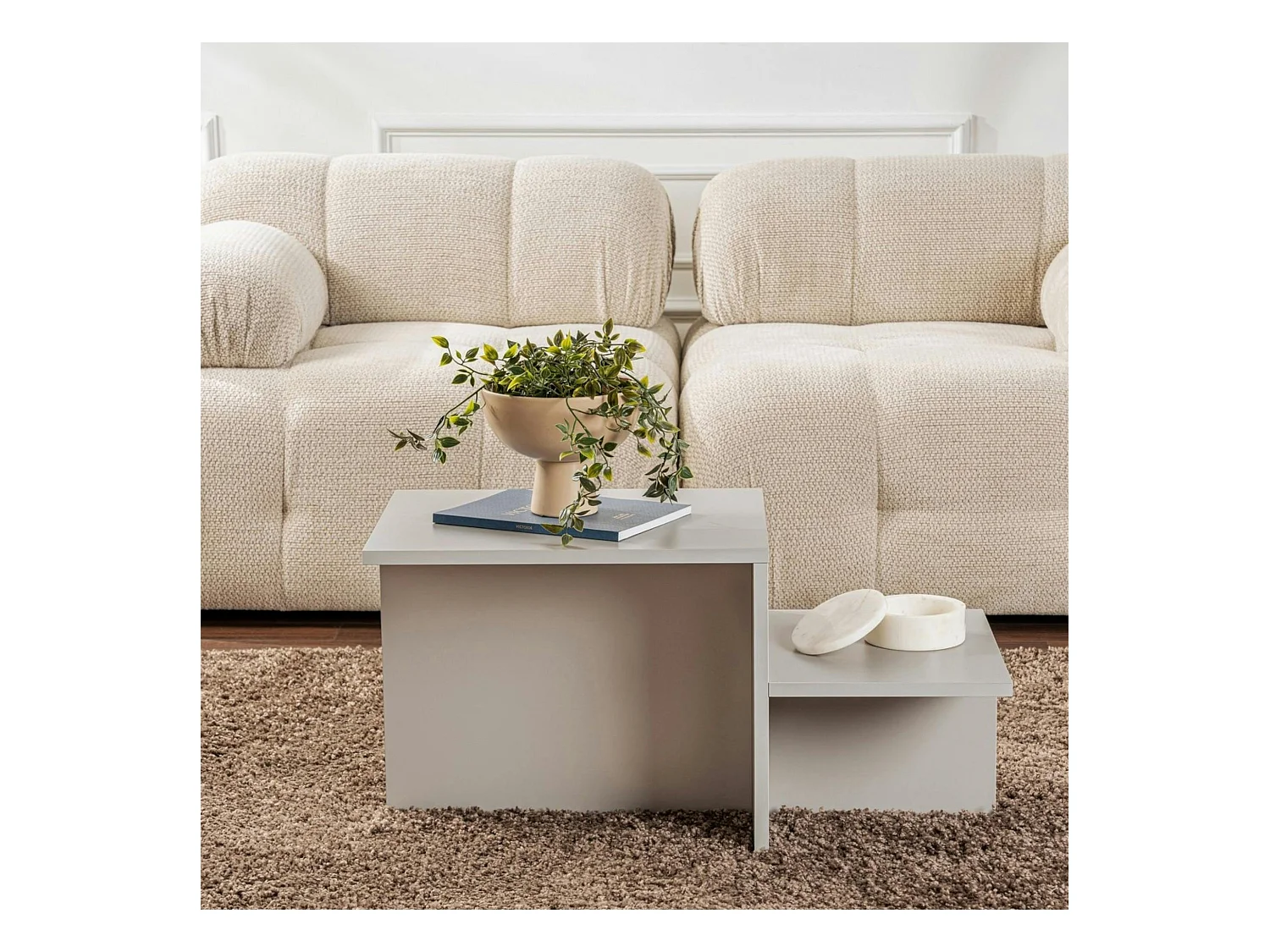 Table basse moderne grise - effet laqué, 2 niveaux MARFA