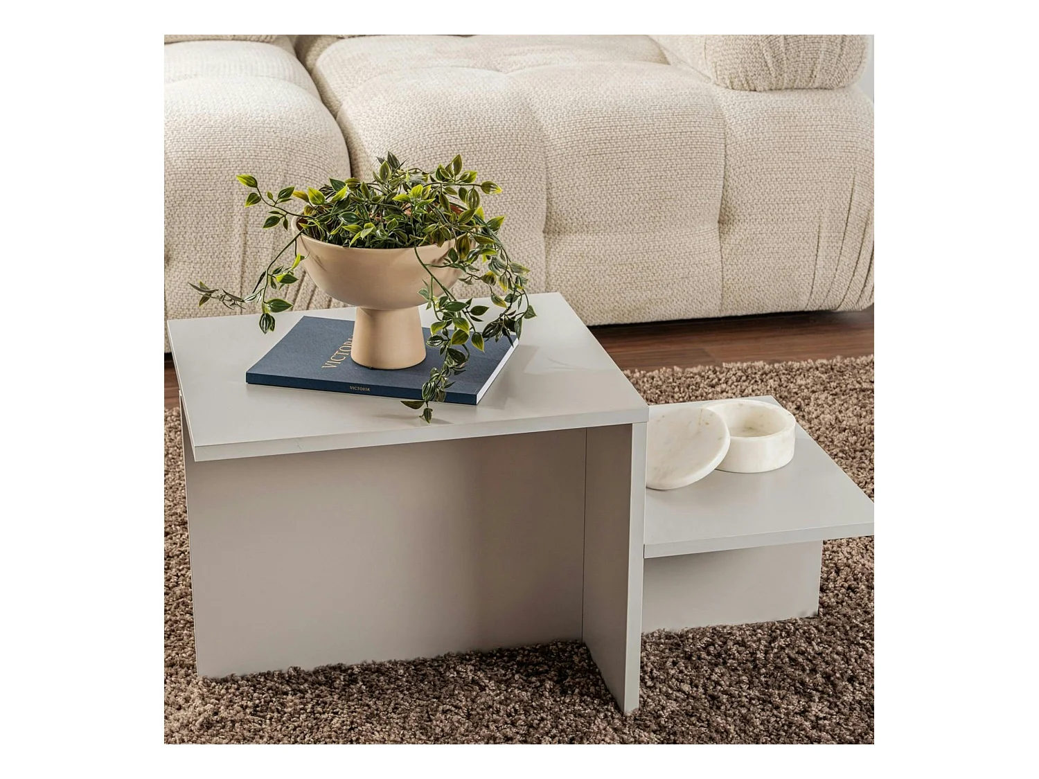 Table basse moderne grise - effet laqué, 2 niveaux MARFA