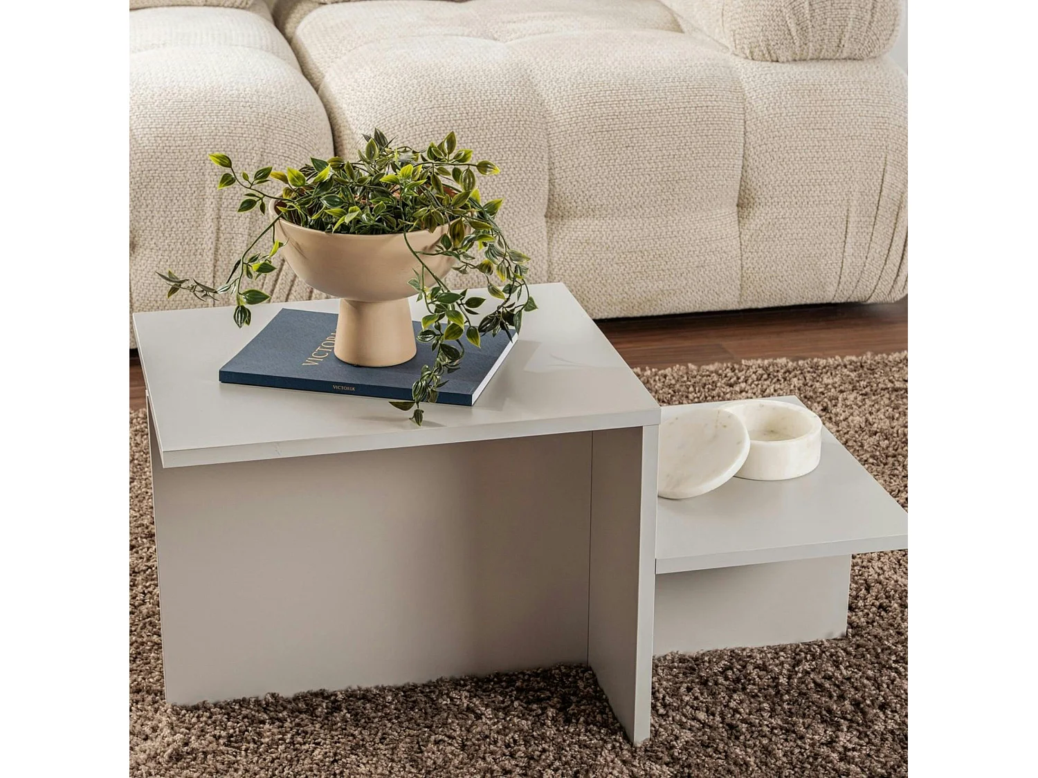 Table basse moderne grise - effet laqué, 2 niveaux MARFA