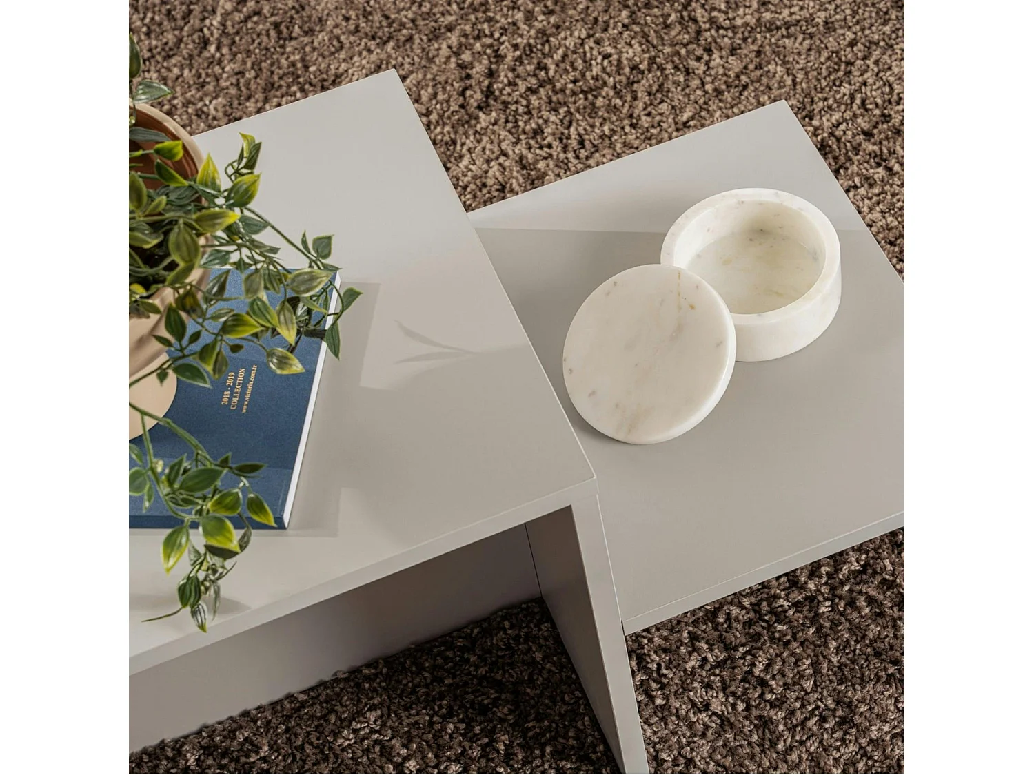 Table basse moderne grise - effet laqué, 2 niveaux MARFA