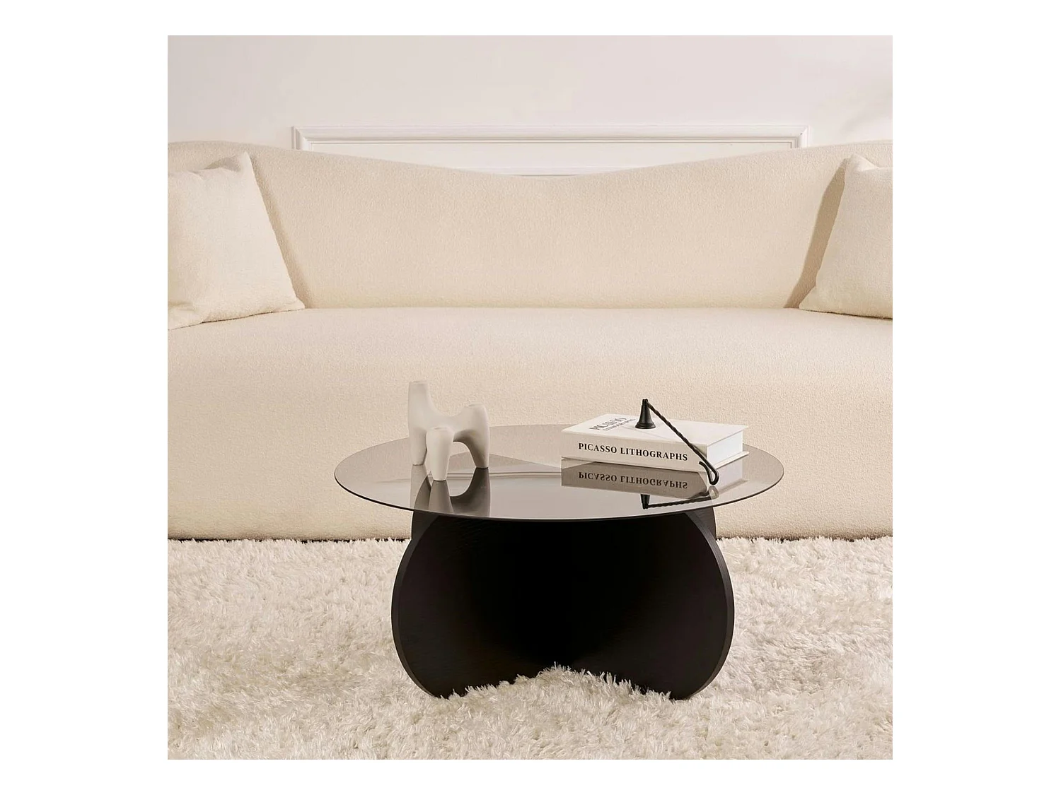 Table basse noire plateau verre – pied croix effet bois SALTA