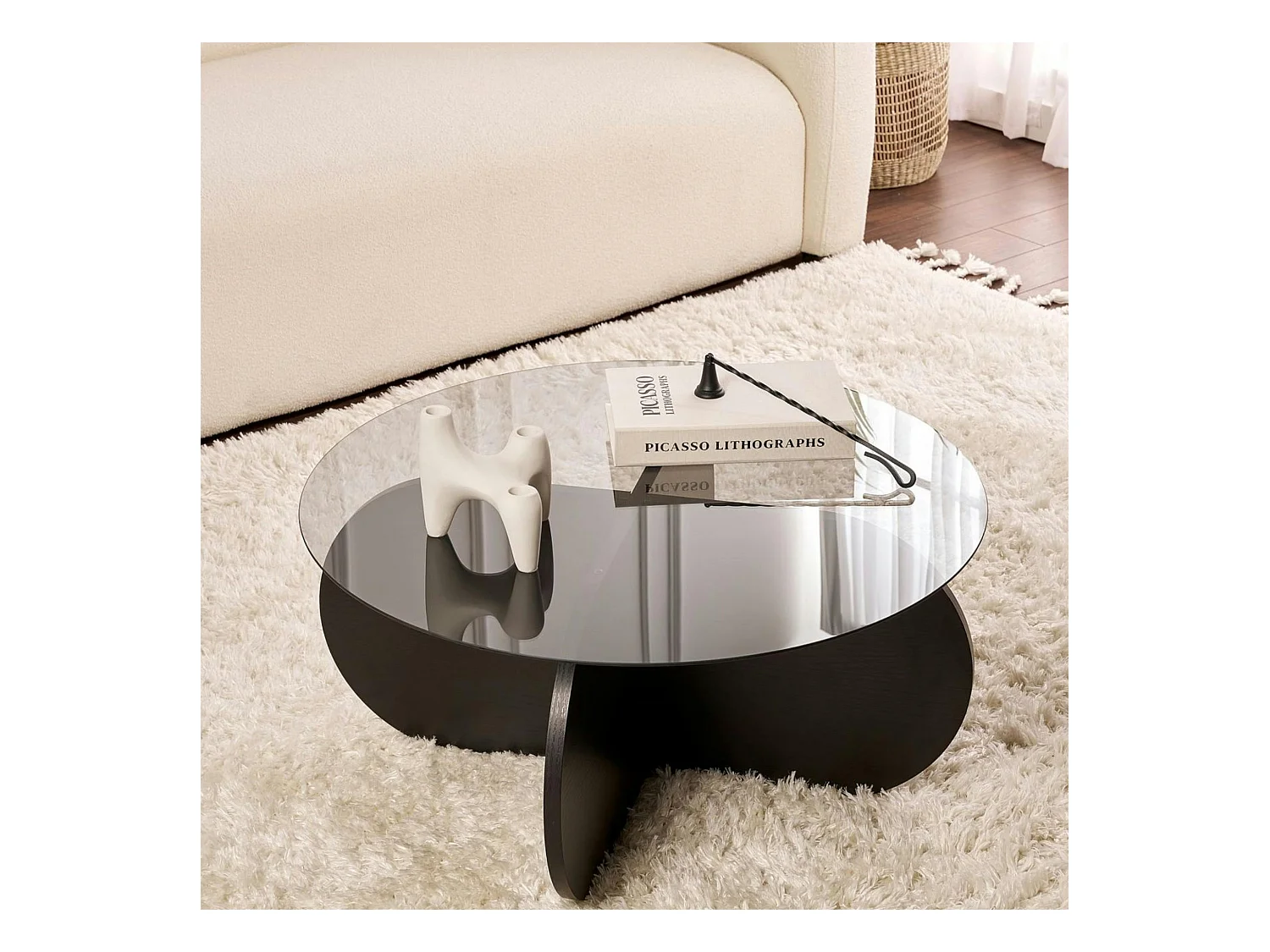 Table basse noire plateau verre – pied croix effet bois SALTA