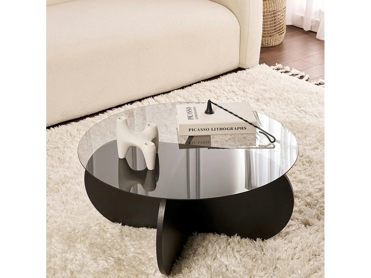Table basse noire plateau verre – pied croix effet bois SALTA
