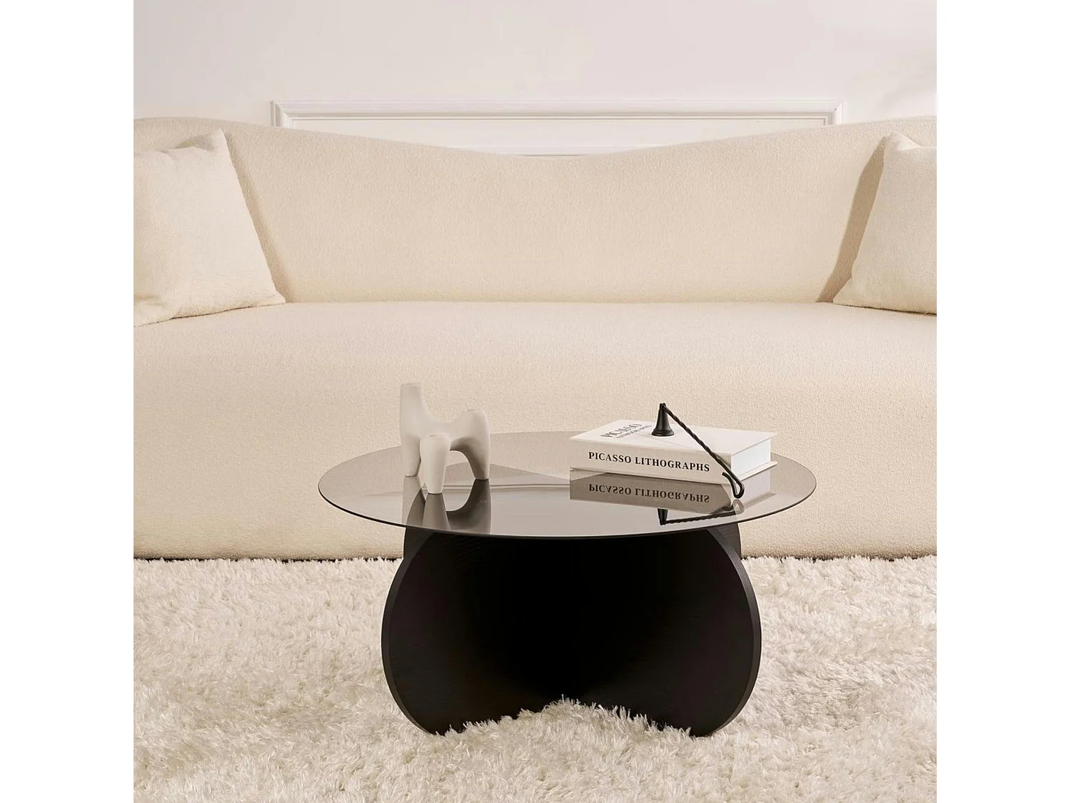 Table basse noire plateau verre – pied croix effet bois SALTA