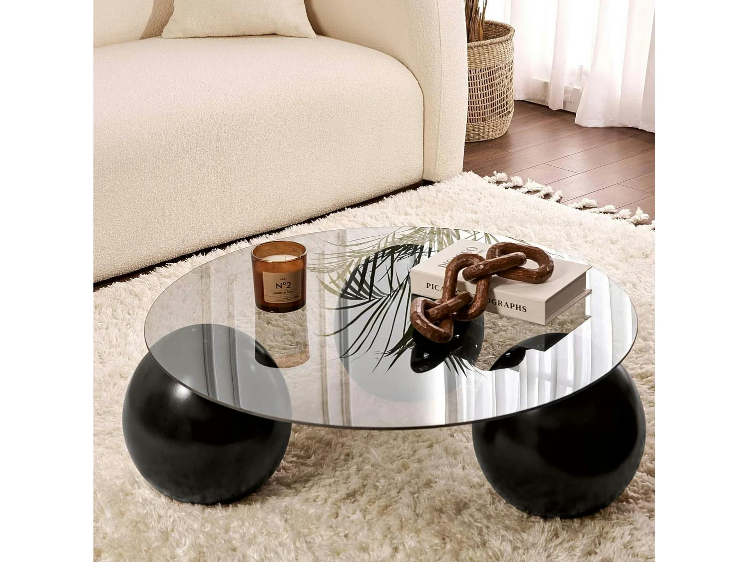 Table basse ronde verre fumé - 3 pieds boules noirs KOCHI