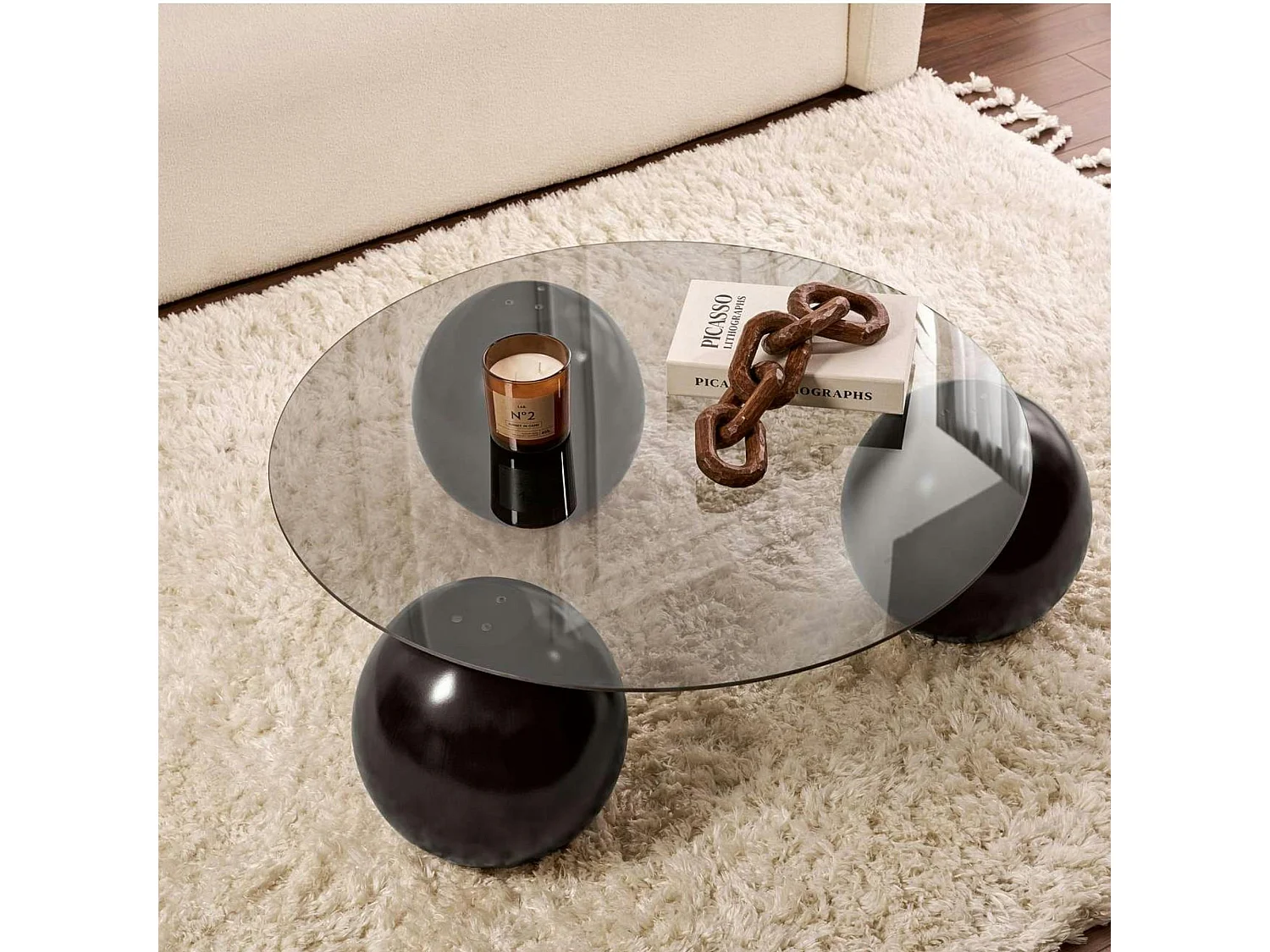 Table basse ronde verre fumé - 3 pieds boules noirs KOCHI