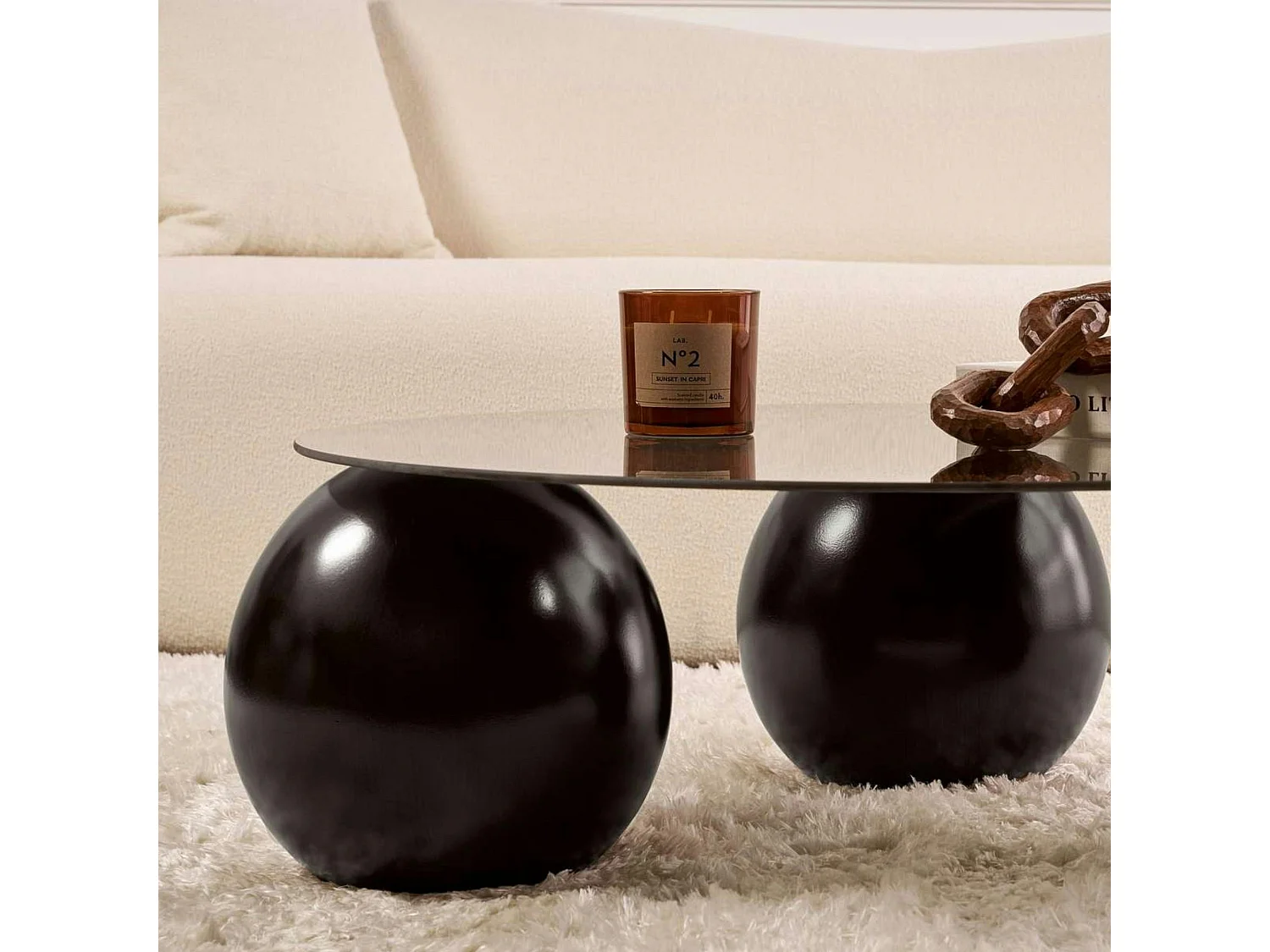 Table basse ronde verre fumé - 3 pieds boules noirs KOCHI