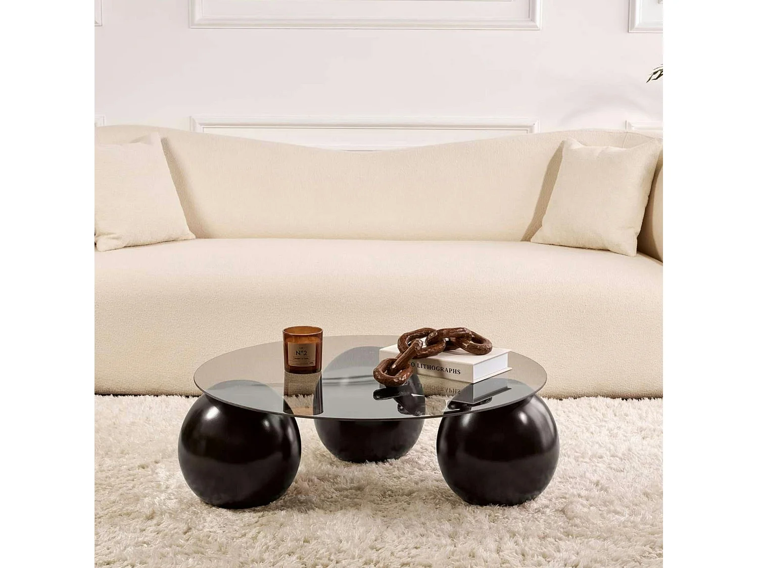 Table basse ronde verre fumé - 3 pieds boules noirs KOCHI