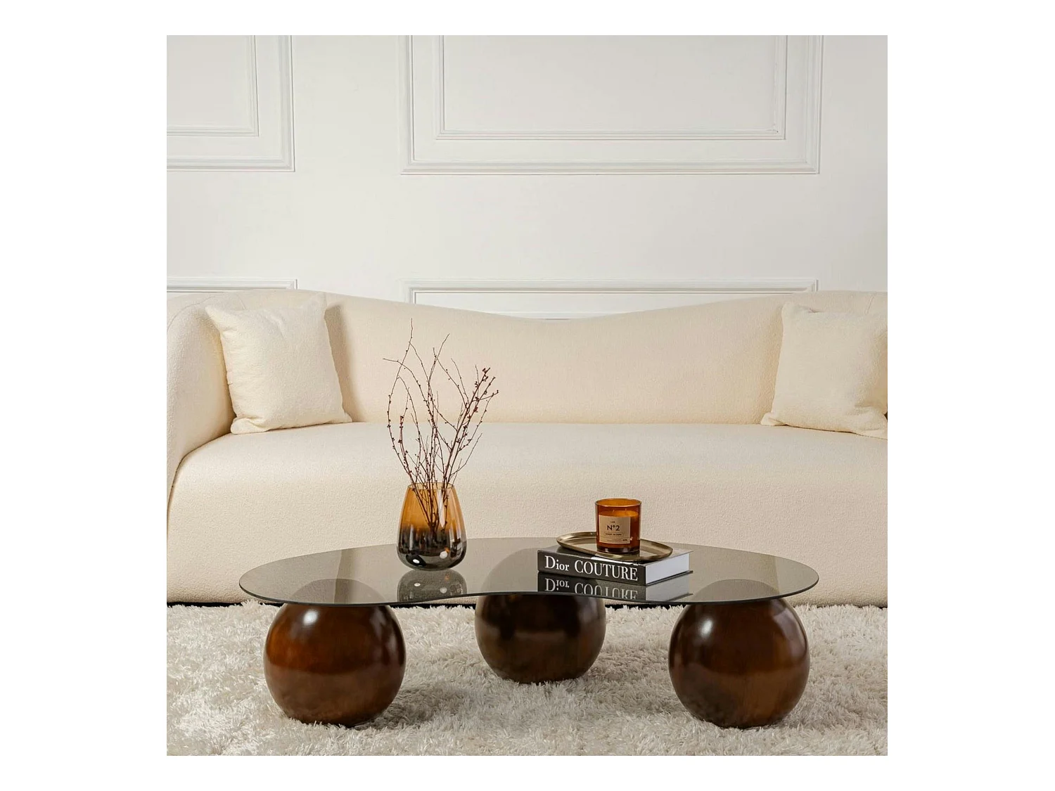 Table basse verre fumé design – 3 pieds boules marrons KOCHI