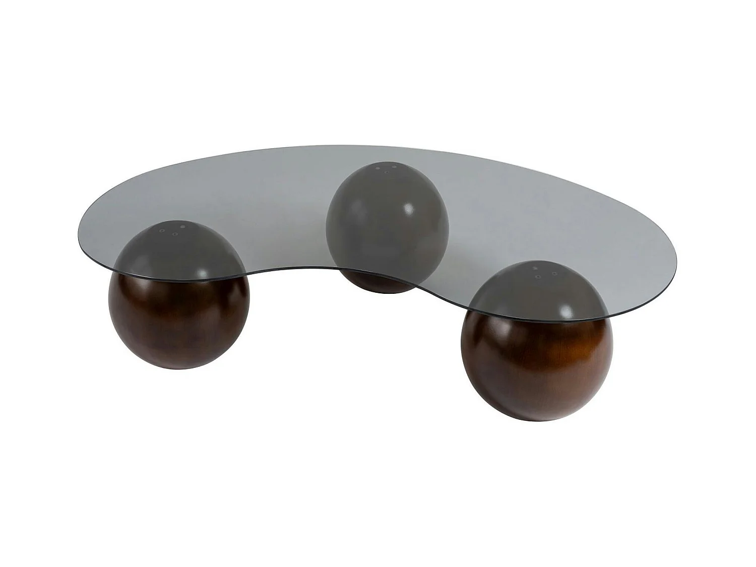Table basse verre fumé design – 3 pieds boules marrons KOCHI