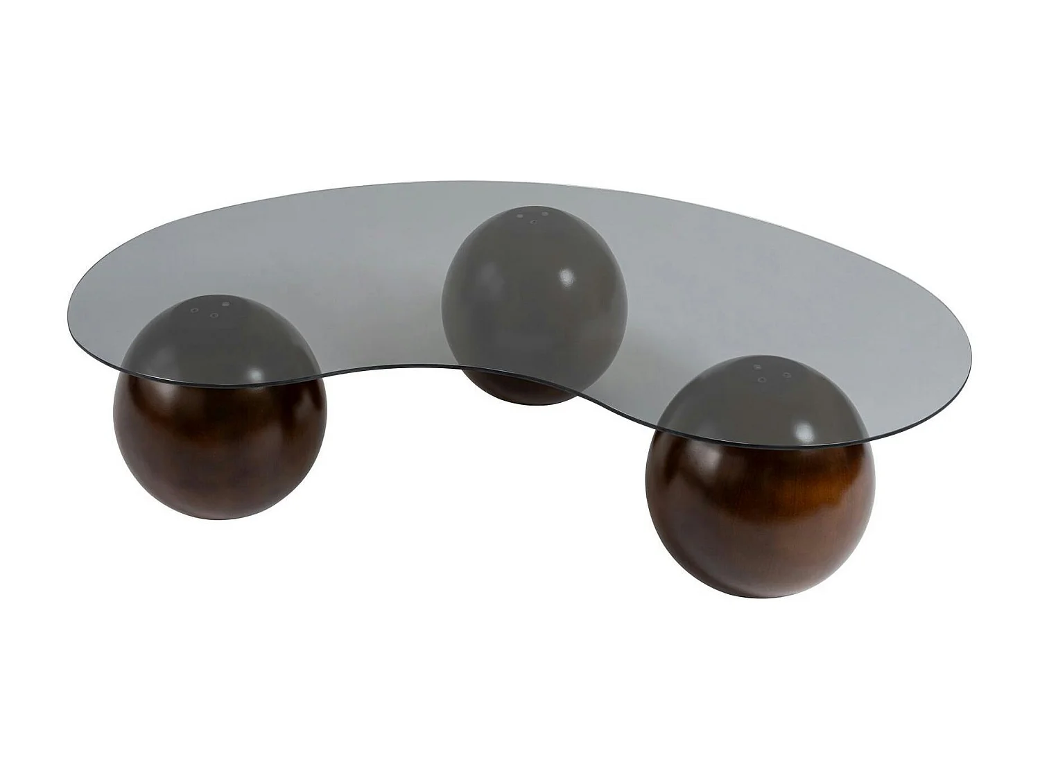 Table basse verre fumé design – 3 pieds boules marrons KOCHI