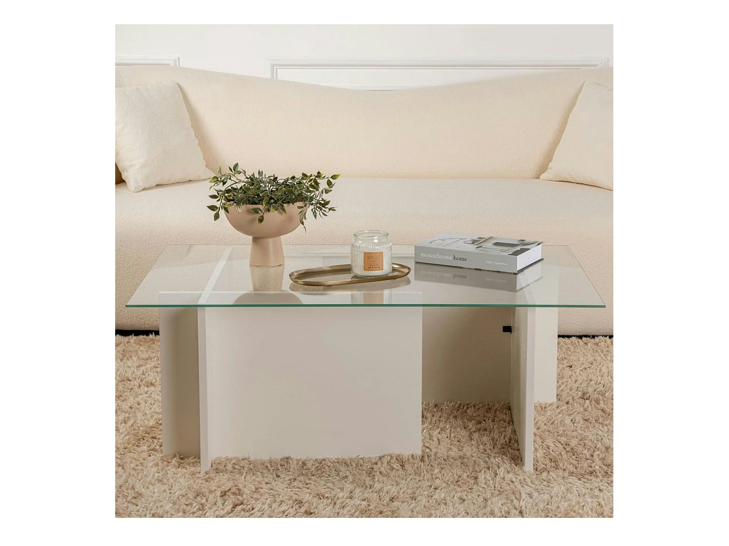 Table basse verre déstructurée – effet bois blanc, H.40 cm SALTA