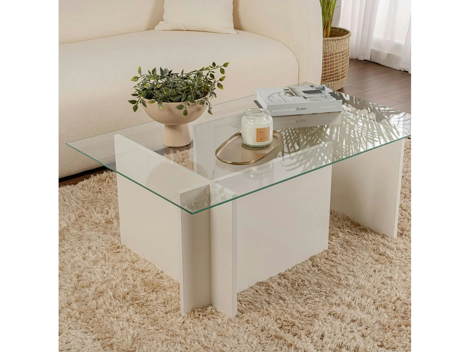 Table basse verre déstructurée – effet bois blanc, H.40 cm SALTA