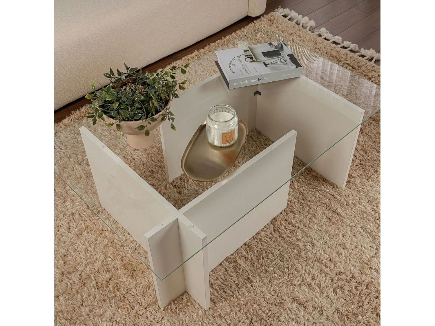 Table basse verre déstructurée – effet bois blanc, H.40 cm SALTA