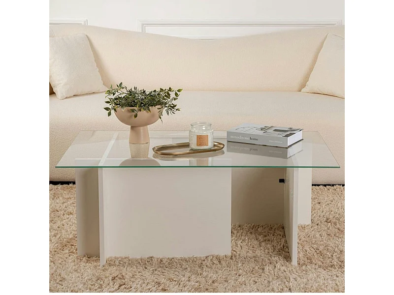 Table basse verre déstructurée – effet bois blanc, H.40 cm SALTA