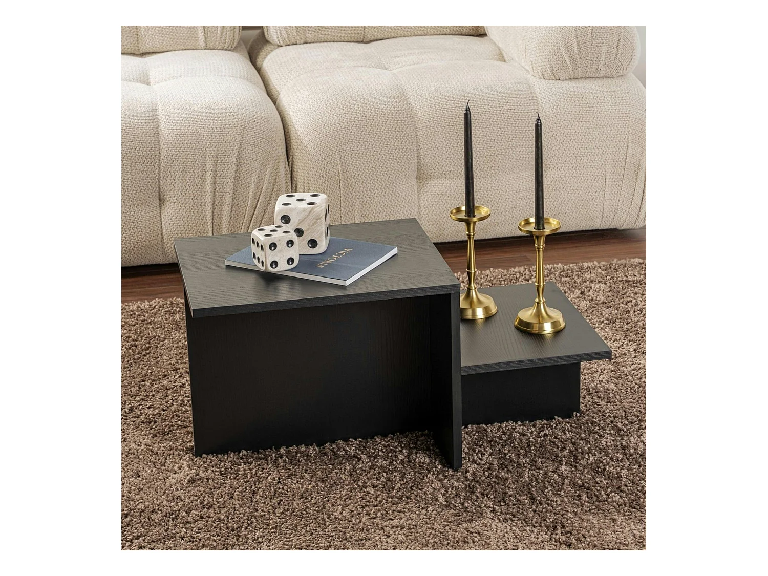 Table basse moderne effet bois noir - 2 niveaux MARFA