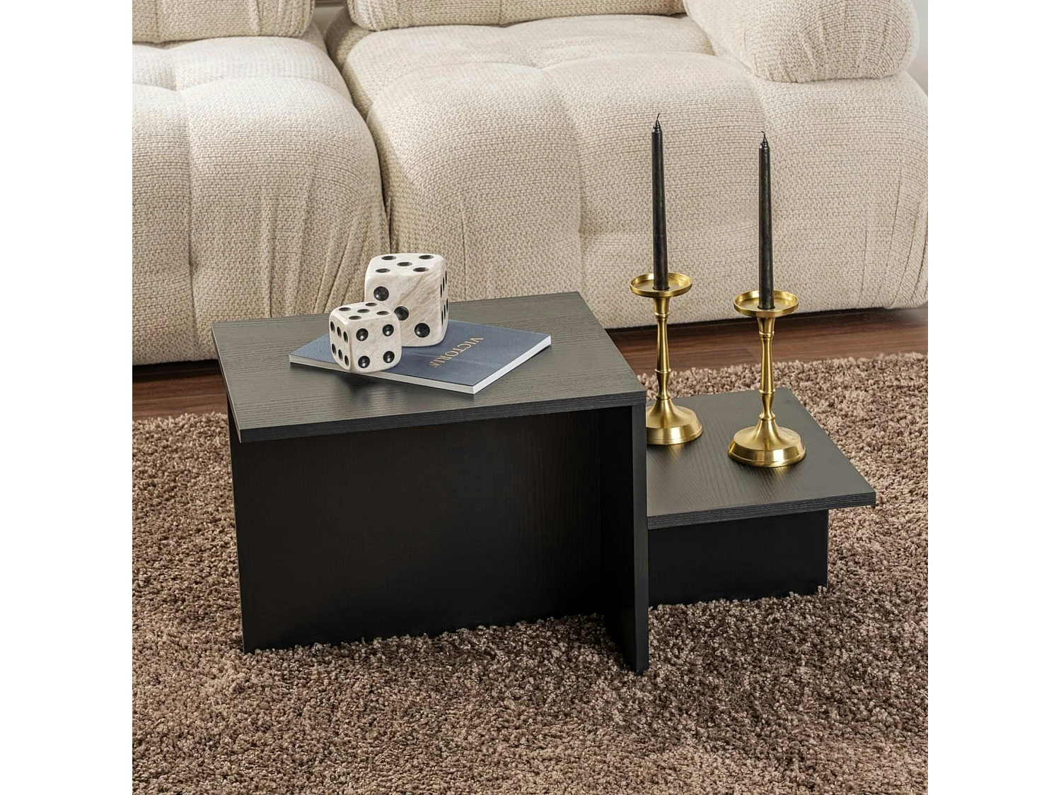Table basse moderne effet bois noir - 2 niveaux MARFA