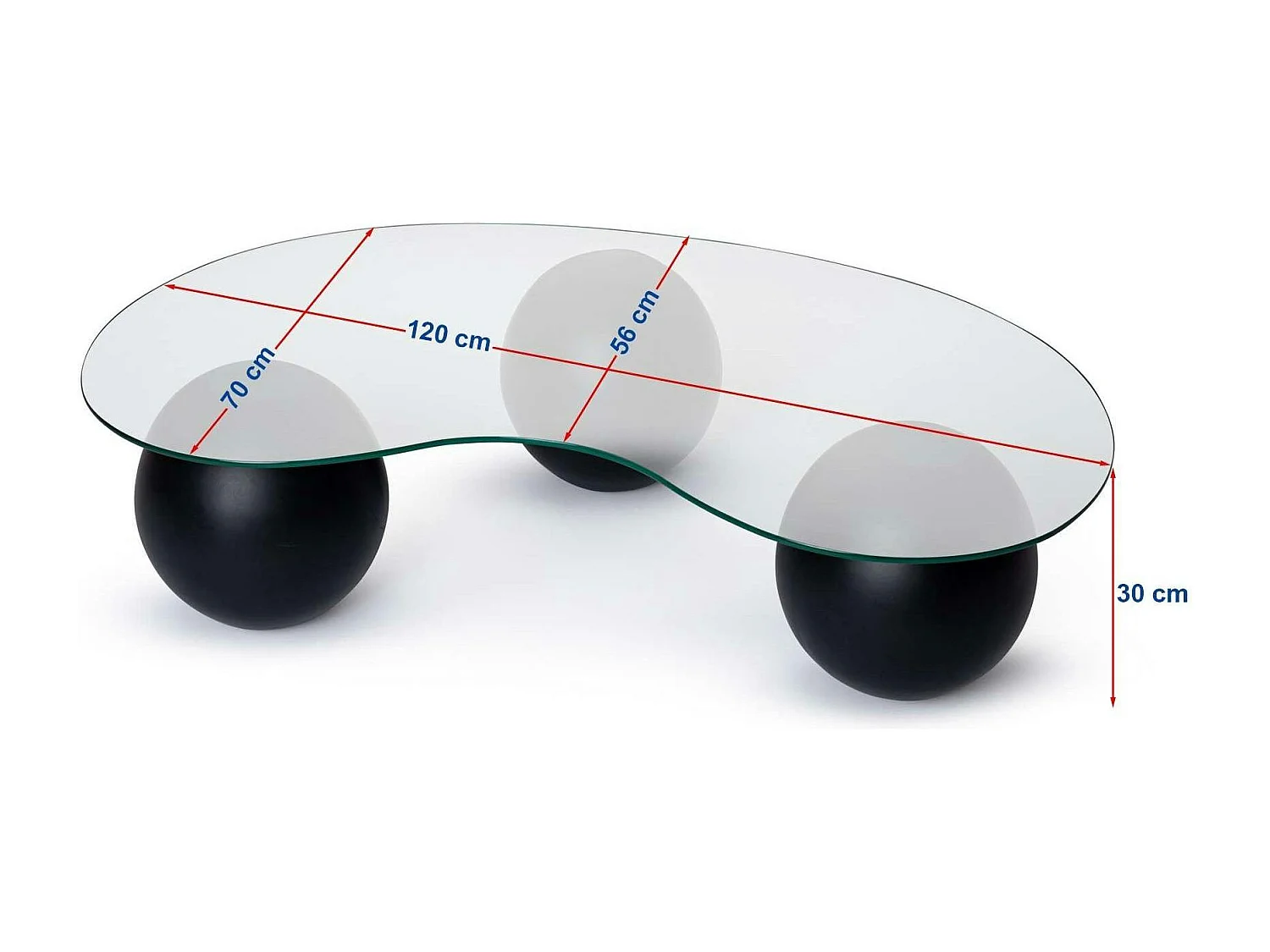 Table basse en verre design – 3 pieds boules noirs KOCHI